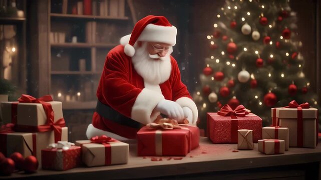 Santa Claus meticulously prepares Christmas gifts by a decorated tree.