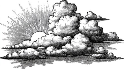 Detailed pen and ink style illustration depicts a bright sun emerging from behind voluminous cumulus cloud formations