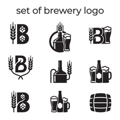 A diverse set of brewery logo icons, featuring various beer elements like hops and wheat, rendered as modern craft vector graphics for effective branding design.