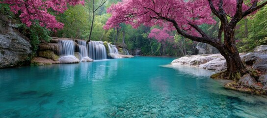 Fototapeta premium beautiful waterfall in plitvice lakes national park, with vibrant colors, green water, and pink trees