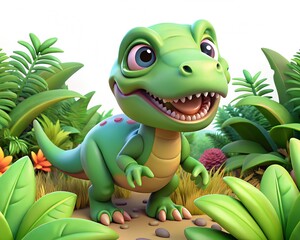 Adorable baby dinosaur smiles playfully amidst lush tropical foliage and vibrant plants