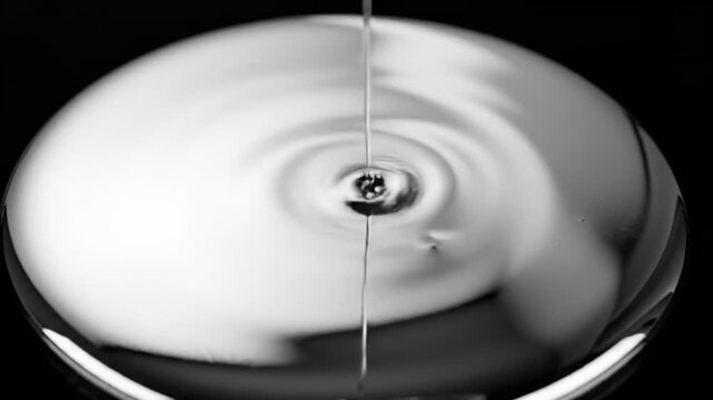 Viscous metallic liquid pooling densely in the center of a macro frame then smoothly spreading out to cover a blank black canvas in slow motion material, viscosity, Viscous