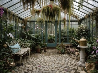 Lush Greenhouse Oasis with Vintage Bench and Watering Can Serene Botanical Escape