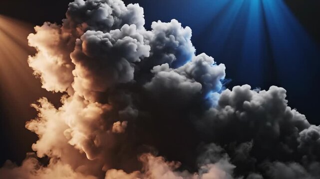 Voluminous thick smoke clouds churning and twisting in slow motion illuminated by dramatic, shifting, cinematic spotlights lightrays, presentation, dynamic