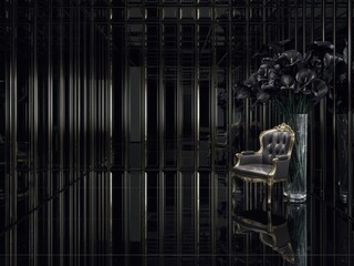 Obraz premium Luxurious black interior with ornate armchair and dark flowers in a vase