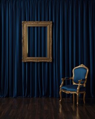 Luxurious blue velvet room with ornate gold frame and antique armchair