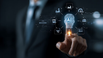 Businessman touches glowing artificial intelligence network touching
