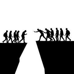 Silhouettes of people crossing a gap with one person extending a hand.