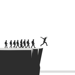 Individual Leaping from Cliff Edge, Defying Conformity, Embracing Risk.