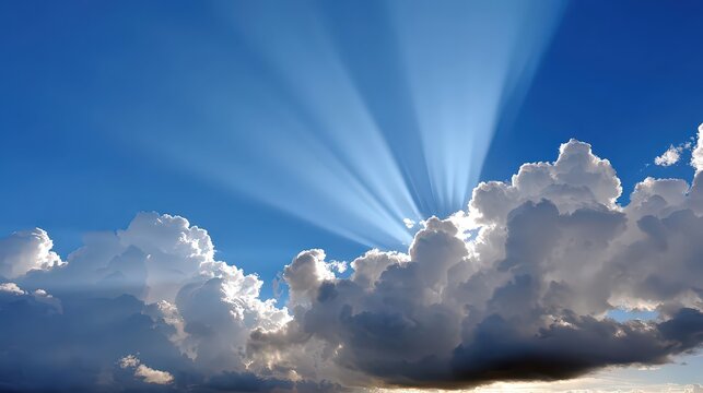 Sunbeams breaking through clouds in blue sky nature, cloud, blue, white, sky, sunlight, sun - Powered by Adobe