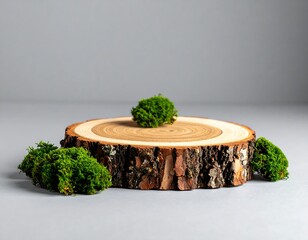 Wooden cross-section stage with moss against a soft gray backdrop