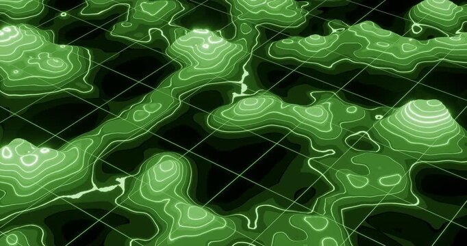 Abstract neon background of topographic map concept. Contour map. Valleys and mountains. Geography concept. Wavy backdrop. Space surface. magic neon light curved swirl line. 3d render video.