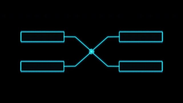 4K Animated Four Square HUD Label Elements. Blue Glow Callout for Text and Data Visualization in Futuristic Interface