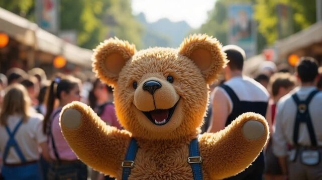 Cheerful teddy bear mascot greets crowd at outdoor festival or market event, happy and smiling