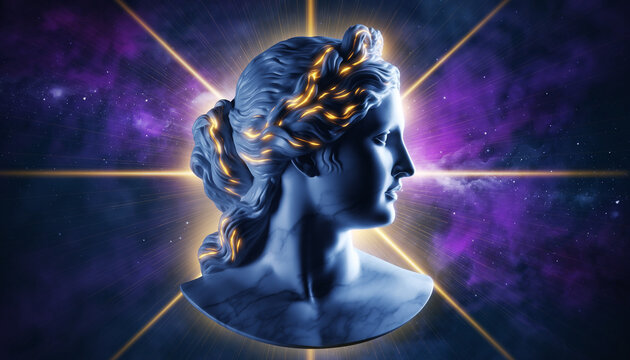 Majestic mythological goddess sculpture in dramatic neon and celestial lighting, featuring flowing marble-like hair, ethereal glow, and surreal futuristic details, elegant divine art portrait. - Powered by Adobe