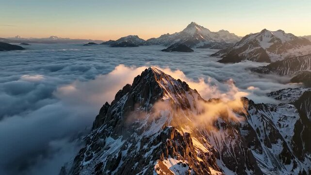 Wide aerial drone shot flying slowly over a massive silent mountain peak covered in rolling deep fog implying a grand natural presence environment, climate, quiet