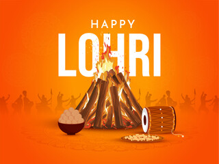 Happy Lohri social media post design with Bonfire, sweets, dhol and peanuts vector illustration.