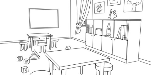 Preschool classroom graphic black white interior sketch illustration vector 