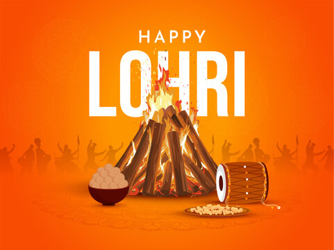 Happy Lohri social media post design with Bonfire, sweets, dhol and peanuts vector illustration.