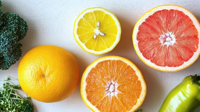 Video A colorful array of fresh fruits and vegetables on a wooden table