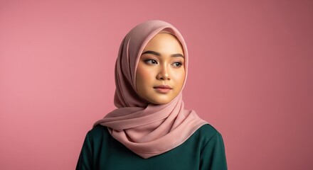 Portrait of a young woman with a pink hijab against a pink backdrop, looking thoughtful