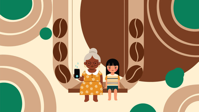 Cozy Chilean abuela using smart chimenea controlling fire wi in vector style. Features ember and wine palette. tech education, digital literacy programs, diversity campaigns, cultural heritage...