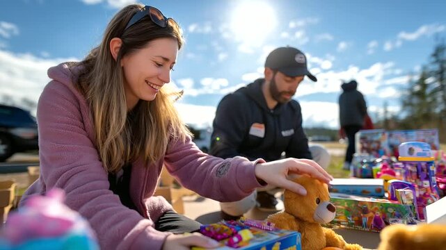 A sunny outdoor scene where volunteers arrange toys before a giveaway event, filled with hope, joy, and care, with copy space