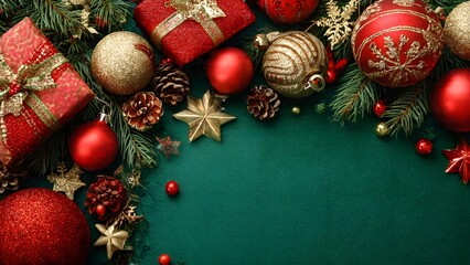 Elegant Christmas frame border with red and gold glitter ornaments, wrapped gift boxes, evergreen pine branches, and copy space on a dark green textured background for holiday greeting card design.