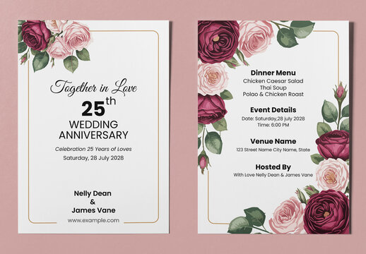 Wedding Anniversary Invitation Cards With Watercolor Flowers Template
