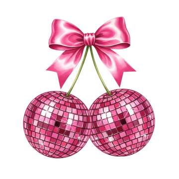 highly detailed watercolor illustration of two oversized, hot pink disco balls arranged like cherries and tied with a satin ribbon bow on a transparent background, retro glamour party concept