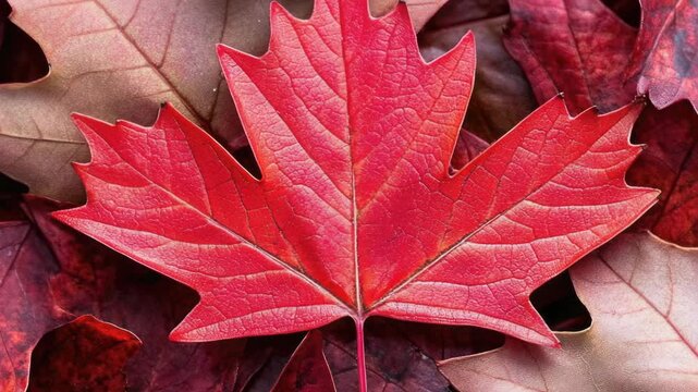 Video A single red leaf resting on top of a heap of fallen leaves, great for autumn or nature-inspired designs