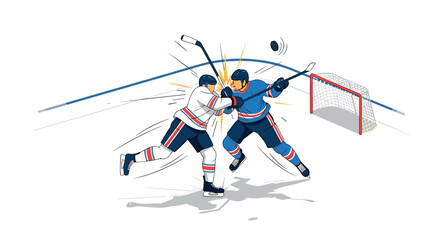 Obraz premium Intense ice hockey action with players battling for puck near goal net - perfect for sports posters