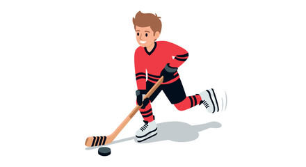 Fototapeta premium Young hockey player in red jersey skating with hockey stick on ice