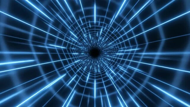 A continuous tunnel of neon blue lines scrolling rapidly toward a deep, dark vanishing point in a perfectly seamless loop minimal design, cyberspace, digital canvas