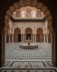 Obraz premium Majestic Moroccan Courtyard with Intricate Architecture and a Central Fountain Detailed Beauty