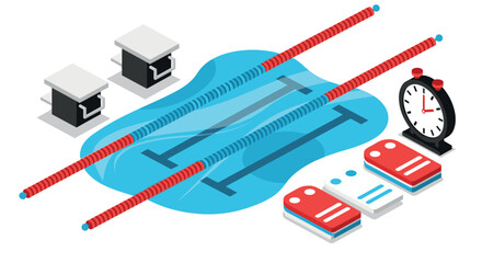 Swimming pool training concept with lanes and stopwatch for athletic design or fitness poster