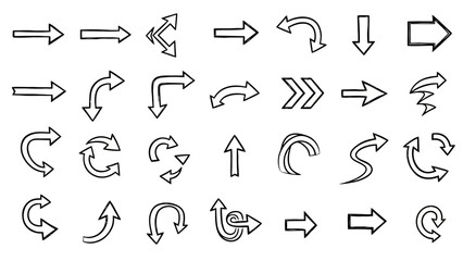 A diverse collection of hand-drawn doodle arrows, illustrating various concepts of direction, navigation, and flow in a sketchy style