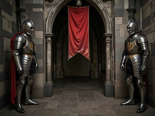 Medieval knights in full armor guarding castle hallway with red banner overhead