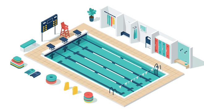Isometric indoor swimming pool design with lanes and diving board for fitness and recreation