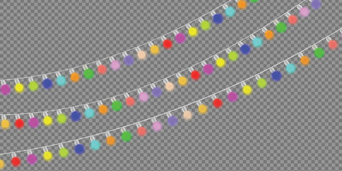 New Year banner Soft glowing bulbs hang on thread holiday lights decoration.