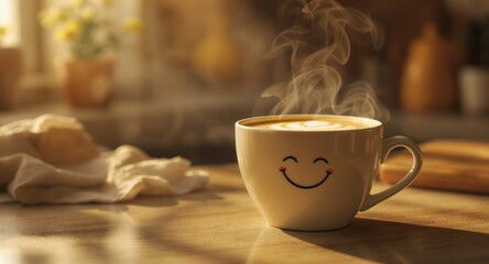 Steaming latte in a smiling mug, with sunlight, near a window and kitchen