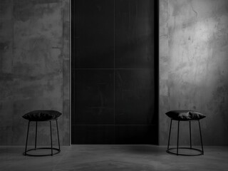 Minimalist black and grey interior with two modern stools and textured walls