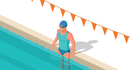 Swimmer with goggles and cap entering pool for competitive training