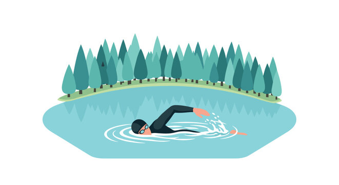 Triathlon training in serene lake surrounded by evergreen forest for outdoor adventure enthusiasts - Powered by Adobe