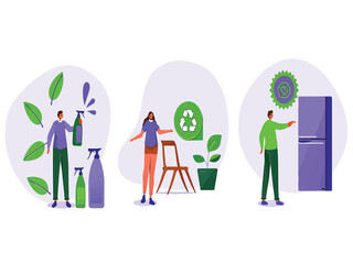 A collection of flat vector illustrations showing a sustainable and eco-friendly lifestyle at home