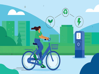 Sustainable Transportation Woman Cycling Near Electric Vehicle Charging Station