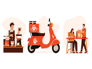 Coffee Shop Business Operations Featuring Barista Preparing Drinks, Scooter Delivery, and Customer Service Interaction