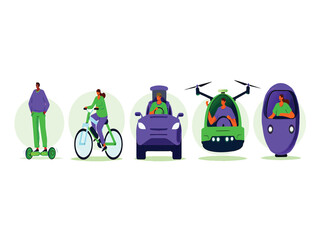 Urban mobility and transportation concept design scooters, bikes, cars, drones, pods