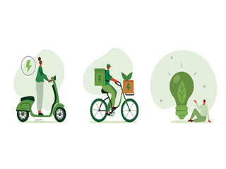 Set of illustrations promoting sustainable transport and green energy concepts