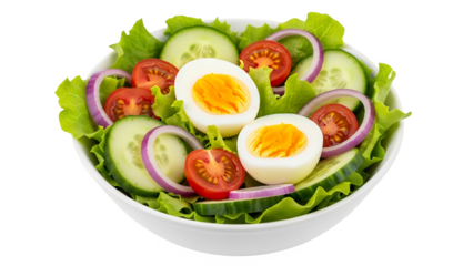 Fresh garden salad in a white bowl featuring sliced hardboiled egg, cucumber, cherry tomato, and red onion rings, isolated on transparent background